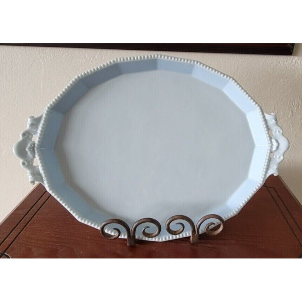 NYMPHENBURG Germany PERL BLUE pattern Oval Handled Serving Platter Tray 15-1/2"